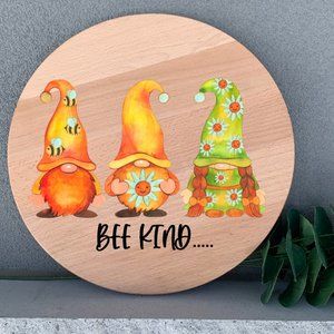 Gnome Spring Bee Kind 12"Thin Birch Wood Round Wall Art